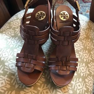 Tory Burch wedge sandals, whiskey leather, size 8
